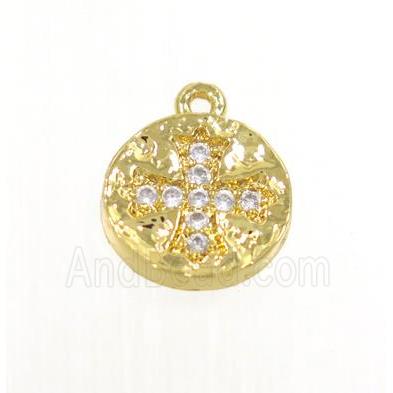 copper button cross pendant pave zircon, gold plated