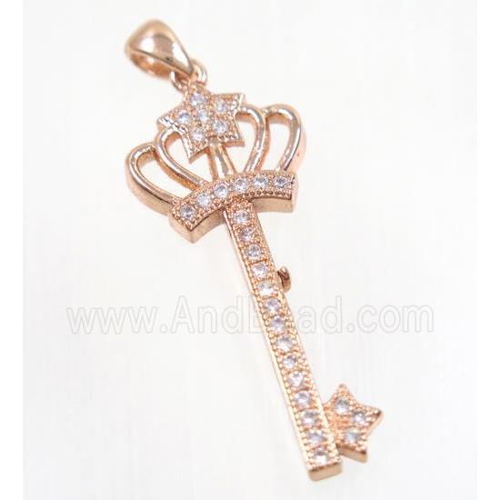 copper crown key pendant pave zircon, rose gold