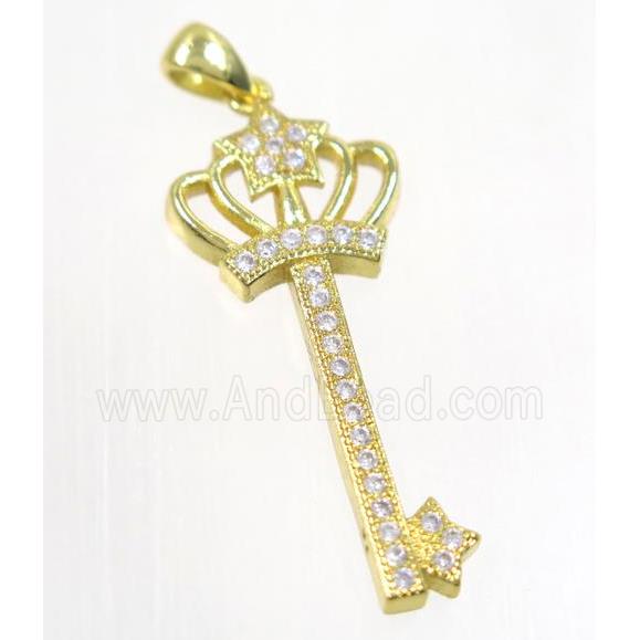 copper crown key pendant pave zircon, gold plated