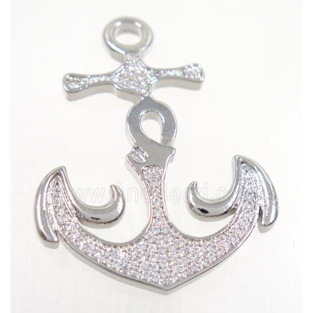 copper anchor pendant pave zircon, platinum plated