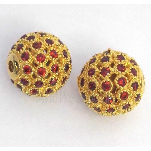 copper bead paved zircon, round, gold plated