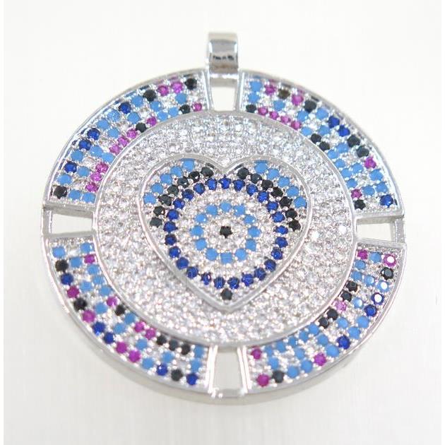 copper circle pendant pave zircon, platinum plated