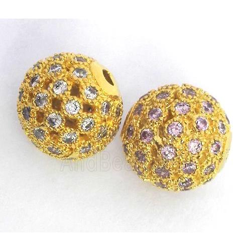 copper bead paved pink zircon, round, gold plated