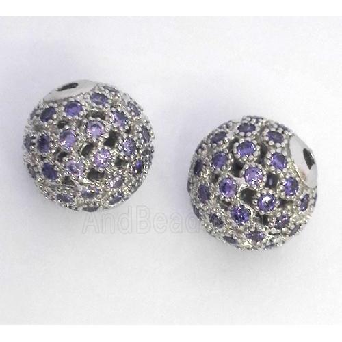 copper bead paved zircon, round, platinum plated