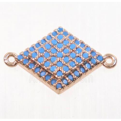 copper rhombic connector paved zircon, rose gold, turq