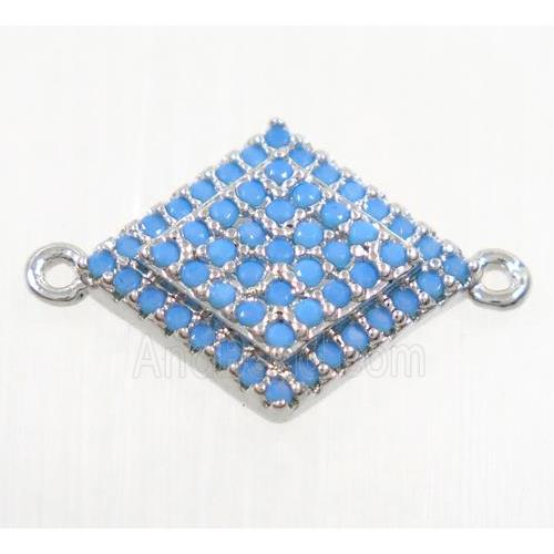 copper rhombic connector paved zircon, platinum plated, turq