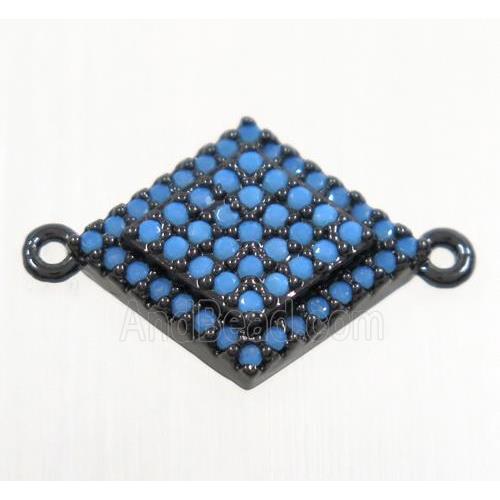 copper rhombic connector paved zircon, black plated, turq