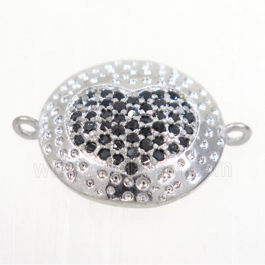 copper button heart connector paved zircon, platinum plated