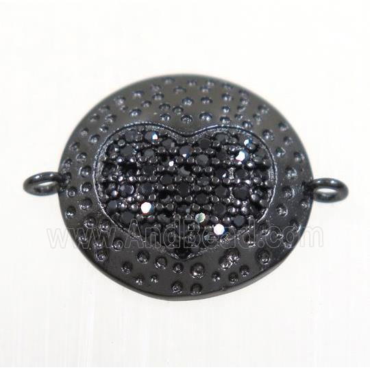 copper button heart connector paved zircon, black plated