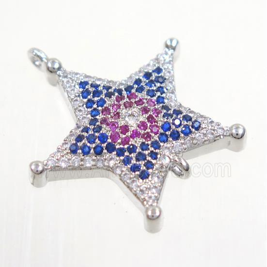 copper Star connector paved zircon, platinum plated