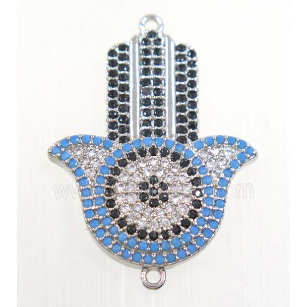 copper Hamsahand connector paved zircon, platinum plated