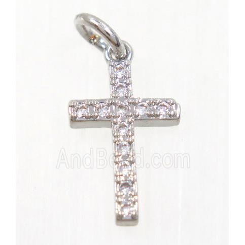 copper Cross pendant paved zircon, platinum plated