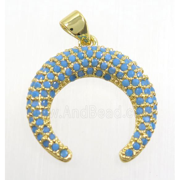 copper Crescent moon pendant paved zircon, gold plated, turq