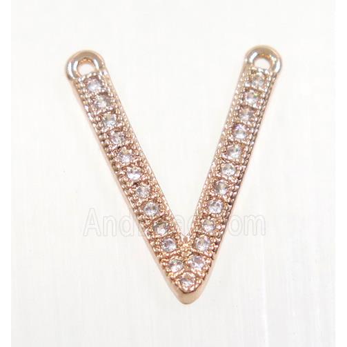 copper V pendant paved zircon with 2loops, rose gold
