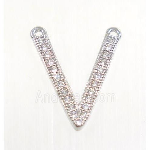 copper V pendant paved zircon with 2loops, platinum plated