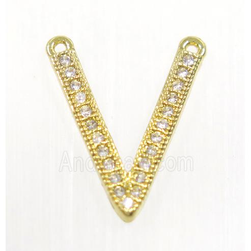 copper V pendant paved zircon with 2loops, gold plated