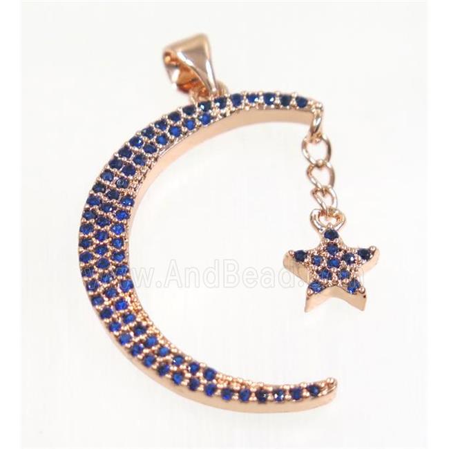 copper Crescent Moon pendant paved zircon with star, rose gold