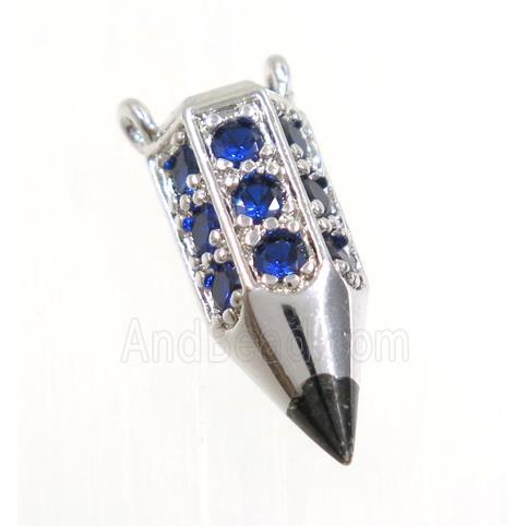 copper Arrowhead pendant paved blue zircon with 2loops, platinum plated