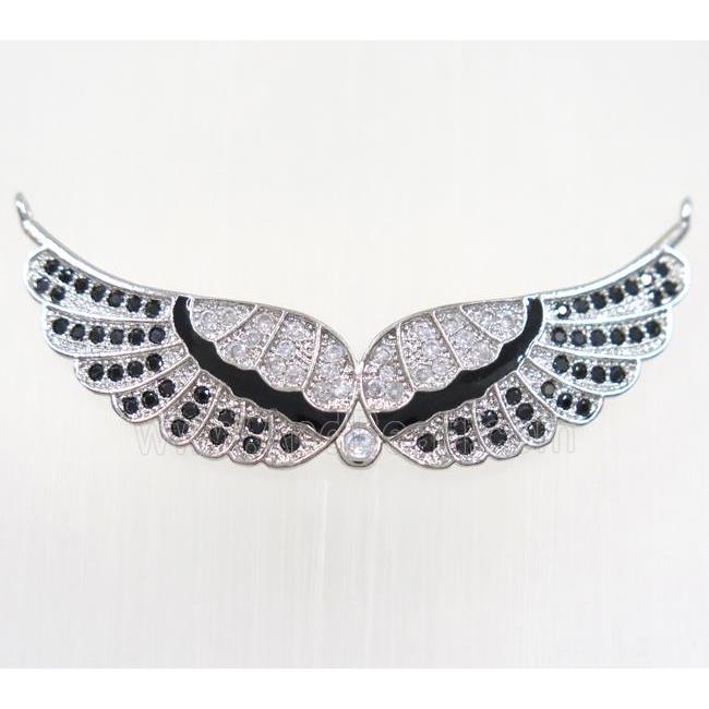 copper Angel Wing pendant paved zircon with 2loops, platinum plated