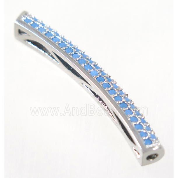 curving copper tube beads paved zircon, platinum plated, turq