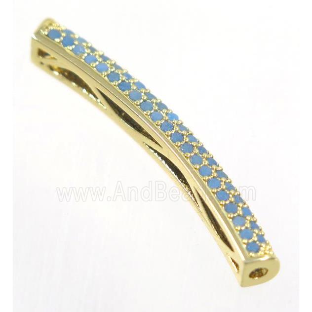 curving copper tube beads paved zircon, gold plated, turq