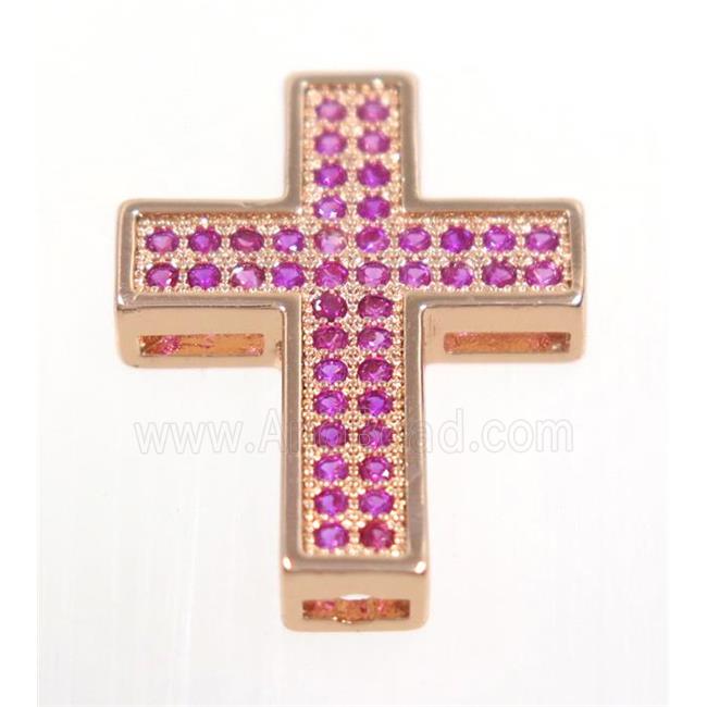 copper Cross beads paved hotpink zircon, rose gold