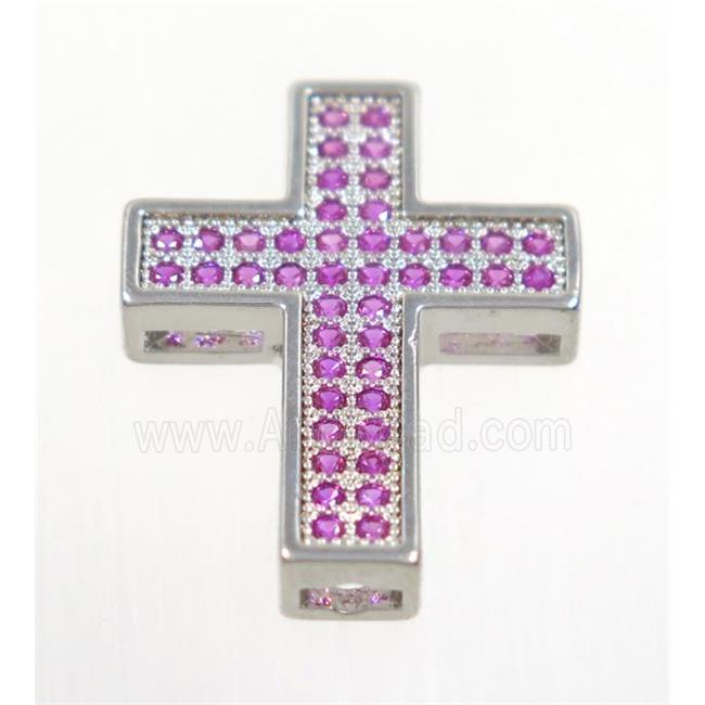 copper Cross beads paved hotpink zircon, platinum plated