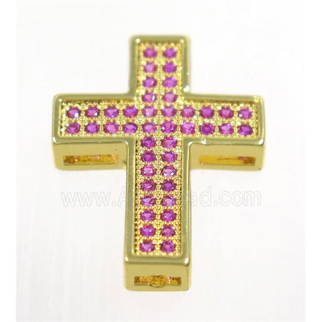 copper Cross beads paved hotpink zircon, gold plated