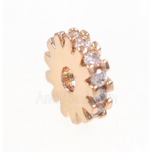 copper rondelle beads paved zircon, rose gold