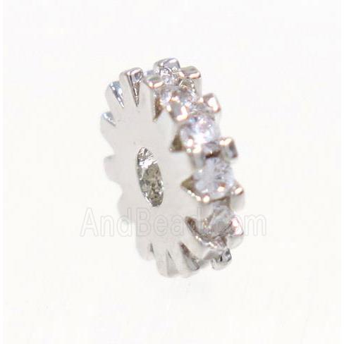 copper rondelle beads paved zircon, platinum plated