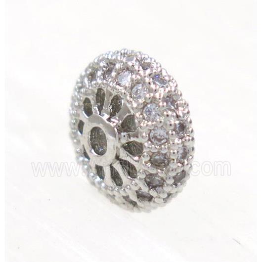 copper rondelle beads paved zircon, platinum plated