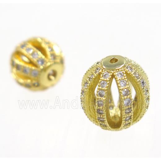 round Watermelon copper beads pave zircon, gold plated