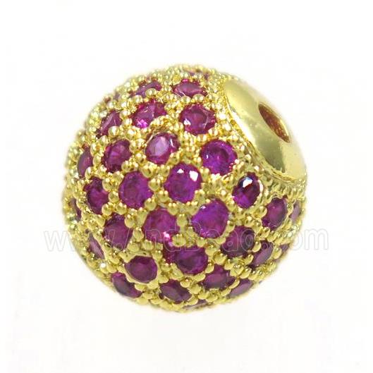 round copper beads paved hotpink zircon, gold plated