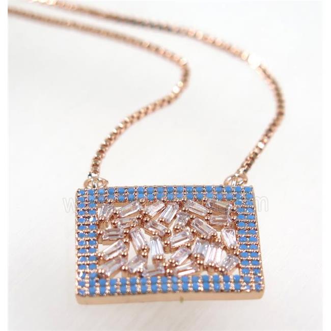 copper rectangle necklace pave zircon, rose gold