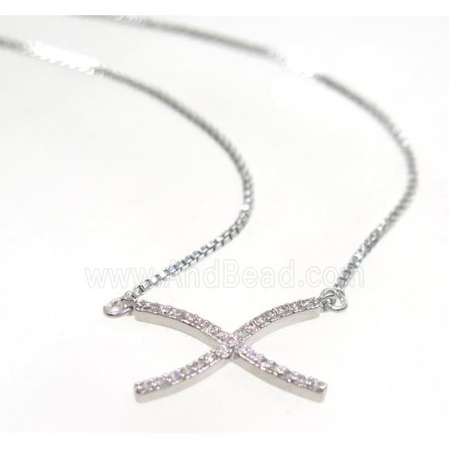 copper X necklace pave zircon, platinum plated