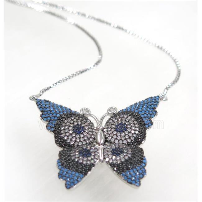 copper butterfly necklace pave zircon, platinum plated
