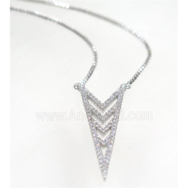 copper arrowhead necklace pave zircon, platinum plated