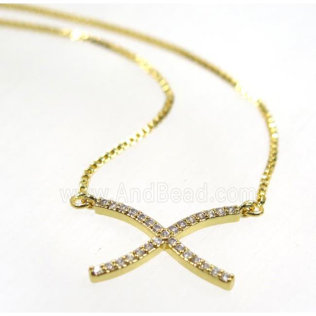 copper X necklace pave zircon, gold plated