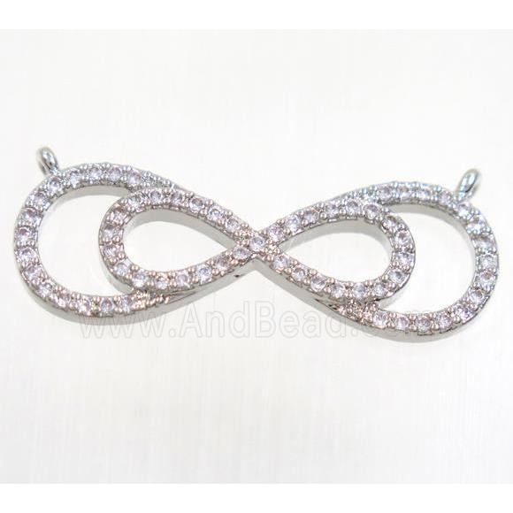 copper pendant paved zircon with 2loops, double infinity, platinum plated