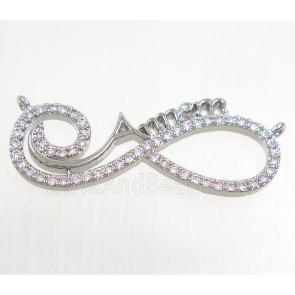 copper pendant paved zircon with 2loops, infinity, platinum plated