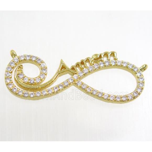 copper pendant paved zircon with 2loops, infinity, gold plated