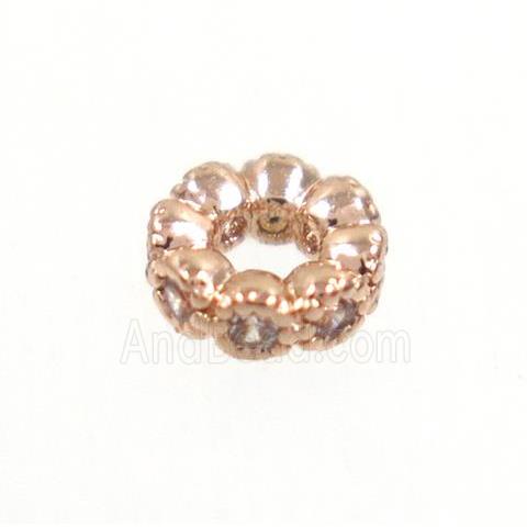 copper rondelle beads paved zircon, rose gold
