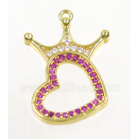 copper crown heart pendant paved zircon, gold plated