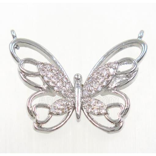 copper butterfly pendant paved zircon with 2loops, platinum plated