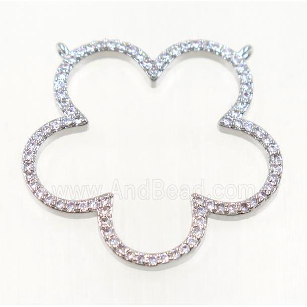 copper flower pendant paved zircon with 2loops, platinum plated