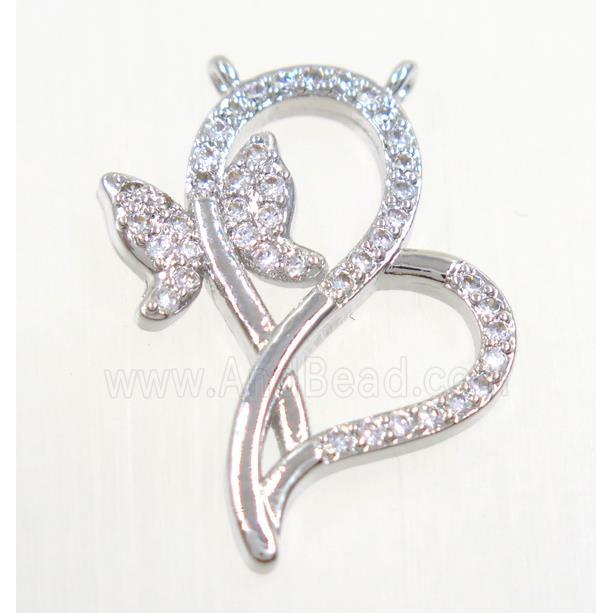 copper pendant paved zircon with butterfly, platinum plated