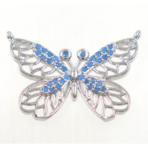 copper butterfly pendant paved zircon with 2loops, platinum plated
