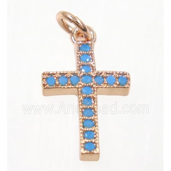copper cross pendant paved zircon, rose gold, turq