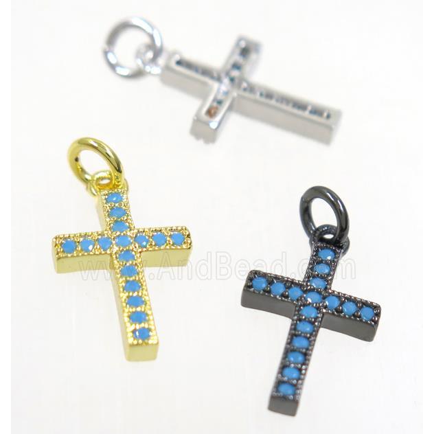 copper cross pendant paved zircon, mix color, turq