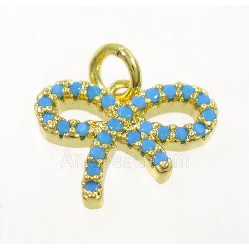 copper Bowknot pendant paved zircon, gold plated, turq